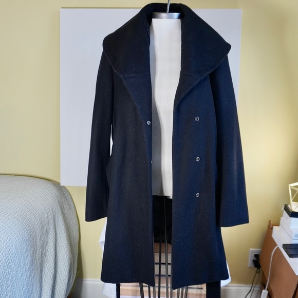 Retro Wool Coat Women Sz M Black Belted Wrap Style Knee Length Wide Collar - Picture 3 of 12